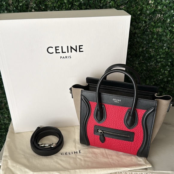 Celine Handbags - Celine Nano Luggage Tote Red/Black Leather & Suede Authentic